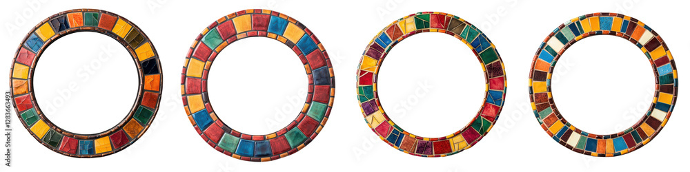Poster a collection of vibrant colorful mosaic tile patterns arranged in circular frames showcasing intrica