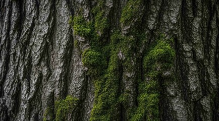 Close-up of textured tree bark with green moss accents.