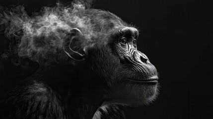 Chimpanzee in dramatic smoke on black background