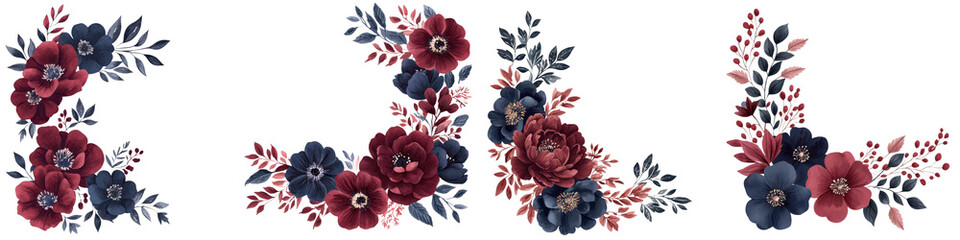 Beautifully Arranged Floral Bouquets in Muted Burgundy Navy and Indigo Hues with Lush Foliage and Petals for Wedding Home Decor or Romantic Occasions