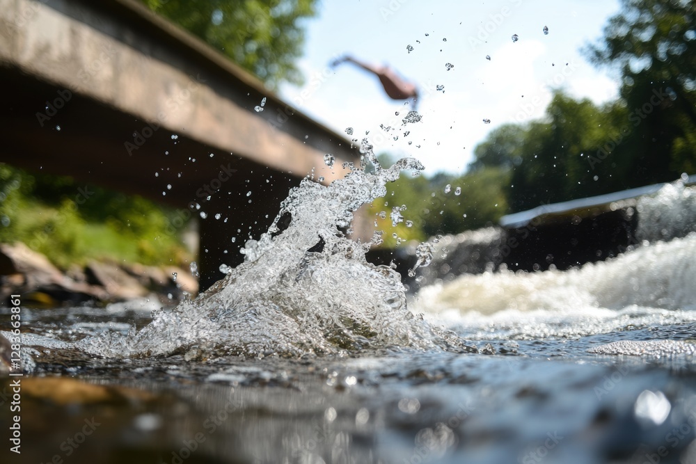 Poster a clear image of the splash when falling from a high bridge into the river.