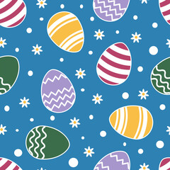 Colorful easter eggs, flowers and dots seamless pattern vector on blue background for easter holidays flat vector illustration. Doodle vector easter egg.