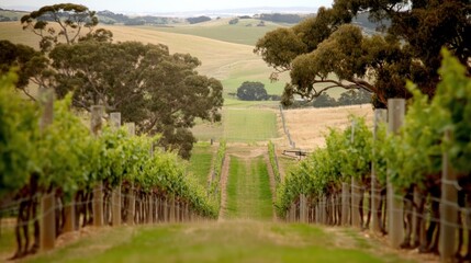 Serene Vineyard Landscape: Rows of Vines Leading to Rolling Hills