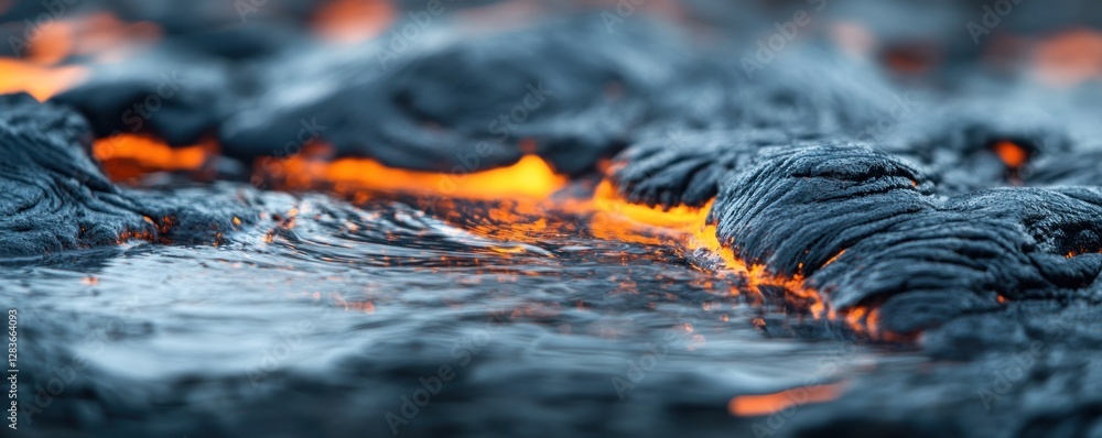 Poster bubbling lava pools showcase an intricate texture exhibiting shimmering surfaces and glowing orange 