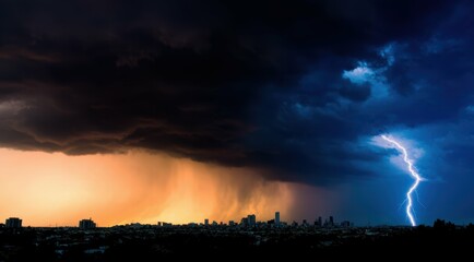 Dramatic skyline under a stormy sky with lightning and rain.