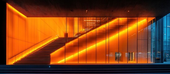 Obraz premium Illuminated Urban Architecture, A Modern Staircase with Warm Orange Lights