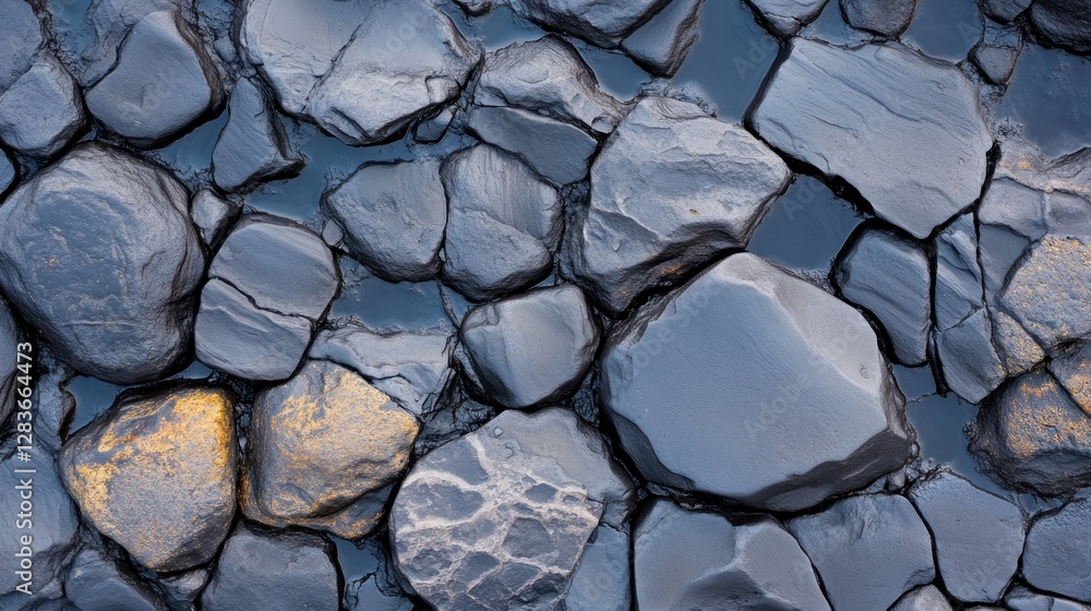 Poster this texture features bubbling lava pools surrounded by smooth black rocks showcasing reflective wat