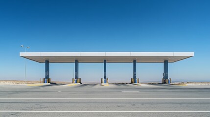 A toll booth along a desert highway. Featuring light traffic and barren landscape