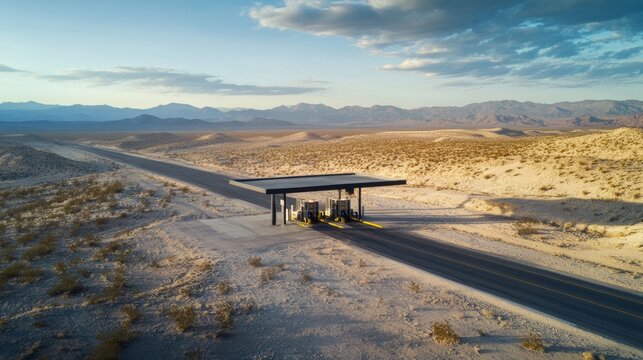 A toll booth along a desert highway. Featuring light traffic and barren landscape