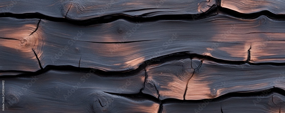 Poster dark charred wood surface features deep cracks and rich textures ideal for backgrounds in design pro