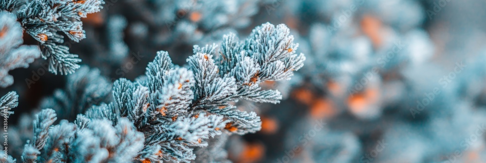 Poster Close up view of a pine tree branch covered in snow and ice crystals, creating a beautiful winter scene with a blurred background of other trees