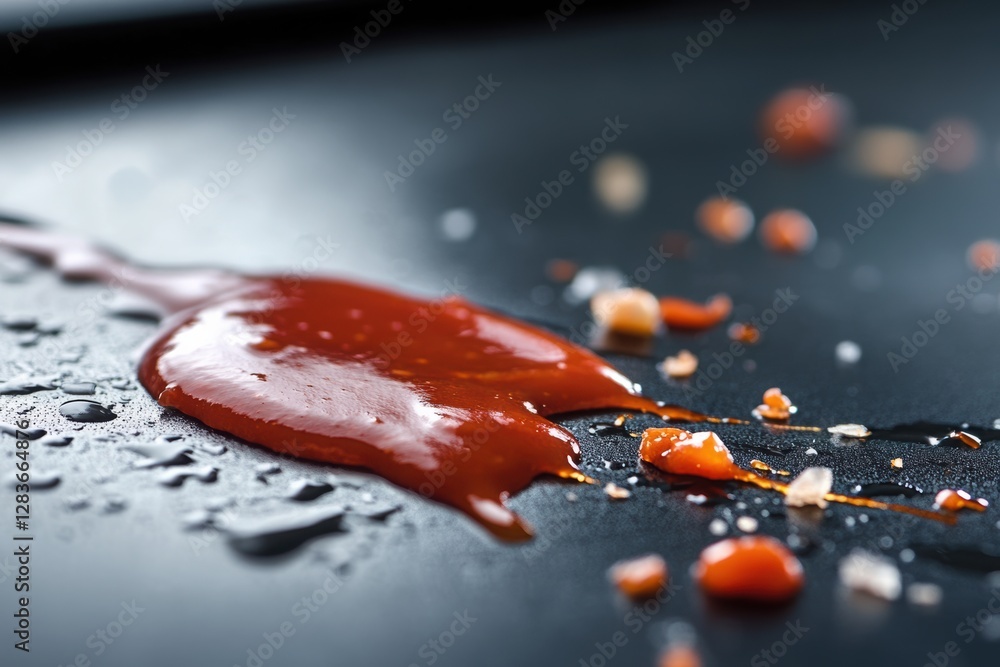 Poster spilled sauce or ketchup on the table with precise splashes around the edges.