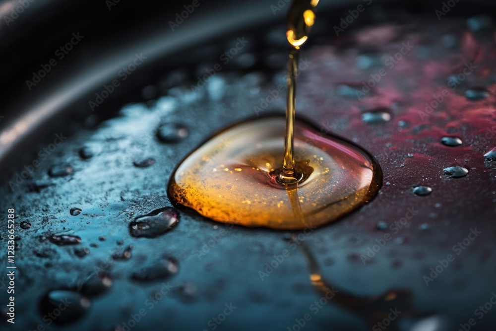 Poster fragment of oil splashing on a hot frying pan with a colored tint.
