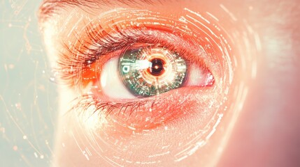 Close up of a human eye showcasing a futuristic vision concept, featuring a digital interface overlaying the iris, suggesting advancements in ophthalmology, biometrics, and augmented reality