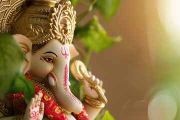 Fototapeta premium close up of Ganesha statue, holding red cloth in hand and wearing traditional Indian with gold border on brown background