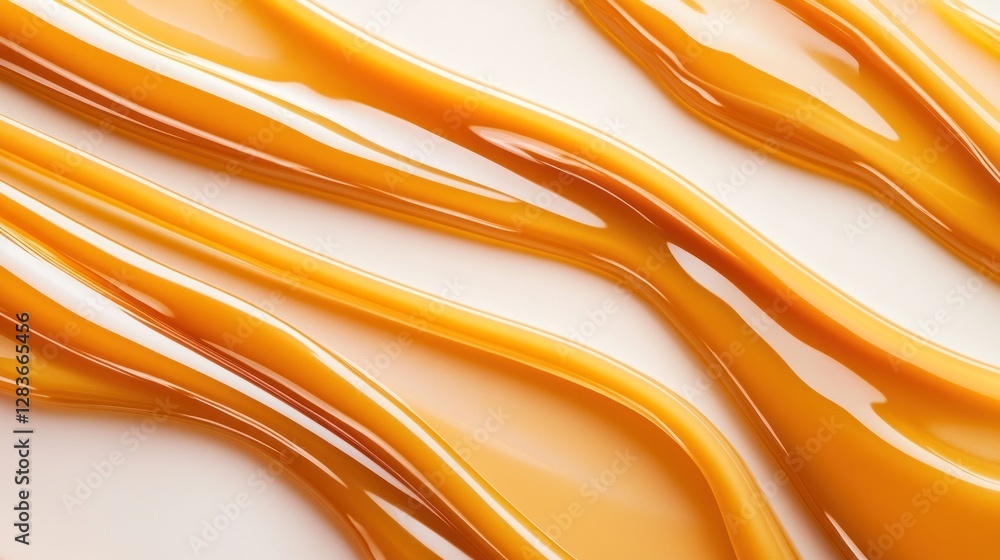 Poster a close-up view showcases smooth caramel drips flowing in various directions creating a glossy textu