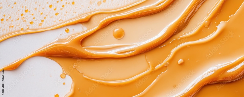 Poster smooth caramel drips on a light background form a glossy texture that adds warmth and depth. ideal f