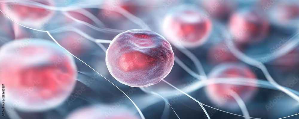 Poster unique texture showcases clusters of vibrant cells interconnected by delicate fibers creating a dyna