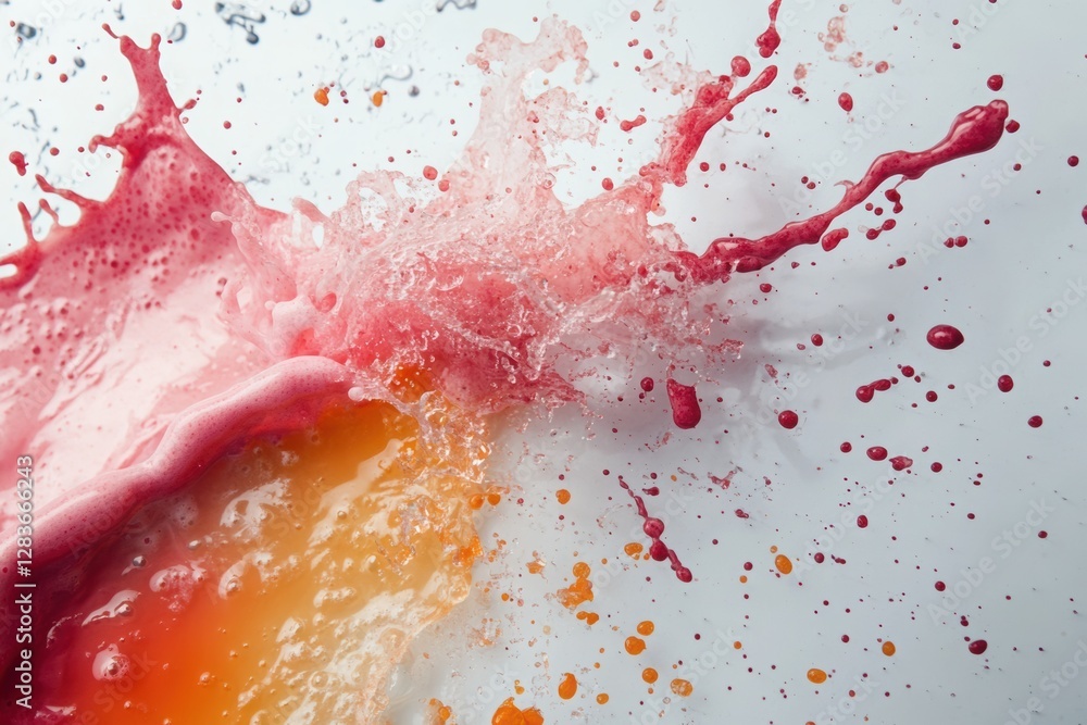 Poster bright splashes of juice formed on a white background, creating a decorative effect.