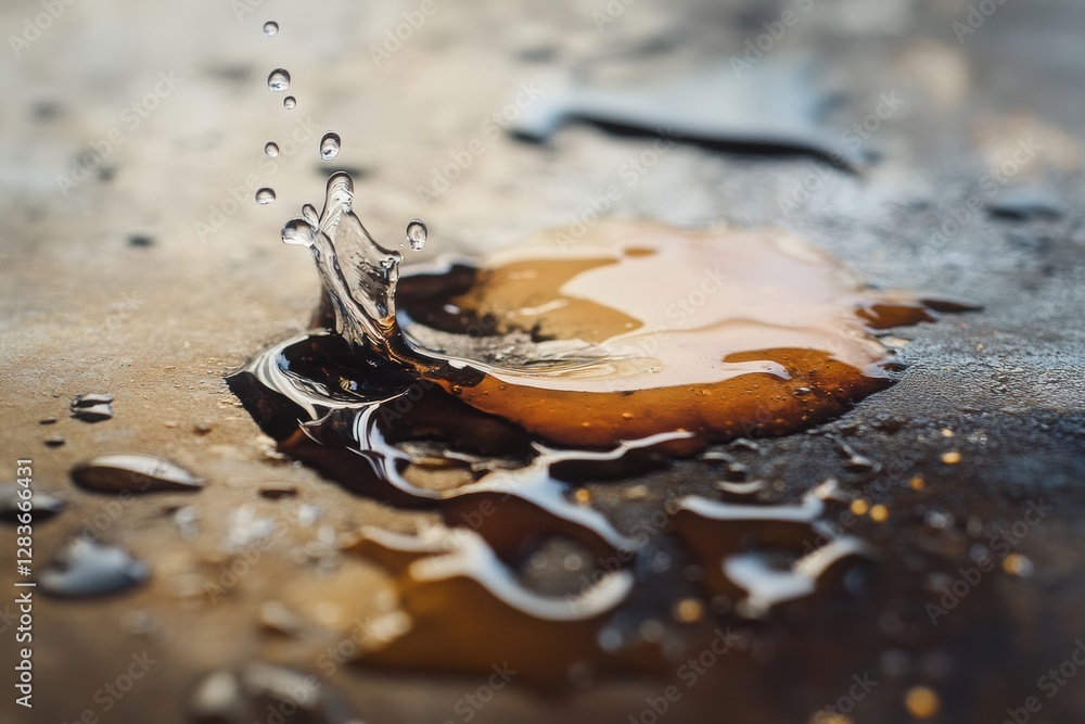 Poster details of splashes from water drops on a shiny surface with mirror reflection.