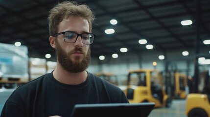 A young warehouse team leader with a beard and glasses holds a tablet, analyzing real-time inventory data. Forklifts pass by as workers handle deliveries in the background of the e