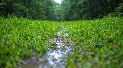 Naklejka premium Rainy path through lush green forest (1)