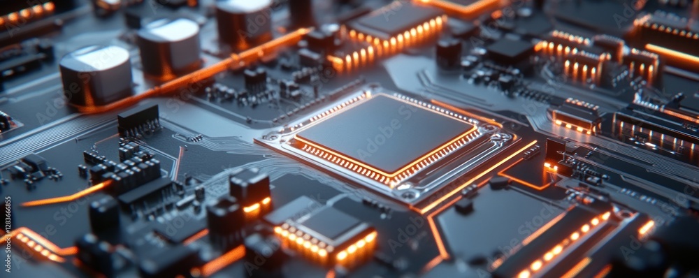 Poster complex circuitry with illuminated components creates a striking visual effect set against a dark ba