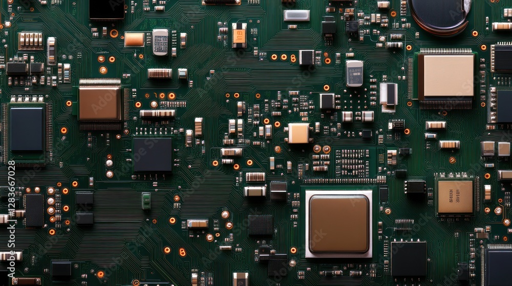 Poster a close-up view of a circuit board showcasing detailed components arranged on a green surface