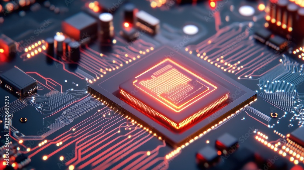 Fototapete complex circuit board featuring intricate patterns and glowing components creates a sense of technol