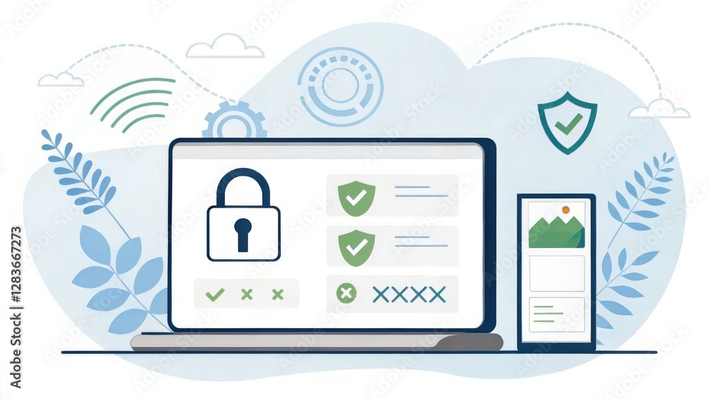 Poster a digital illustration displaying a laptop and smartphone with security icons, showcasing password p
