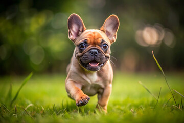 Fototapeta premium Playful Puppy Sprint: A delightful French Bulldog puppy sprints joyfully across a vibrant green lawn, ears perked and tongue playfully out. Capturing its youthful energy and irresistible charm.