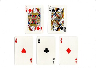 A poker hand of playing cards on a white background.