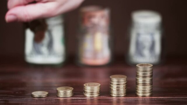 A hand scatters money coins behind stacks of gold coins next to banknotes in jar. Finances or retirement savings background.