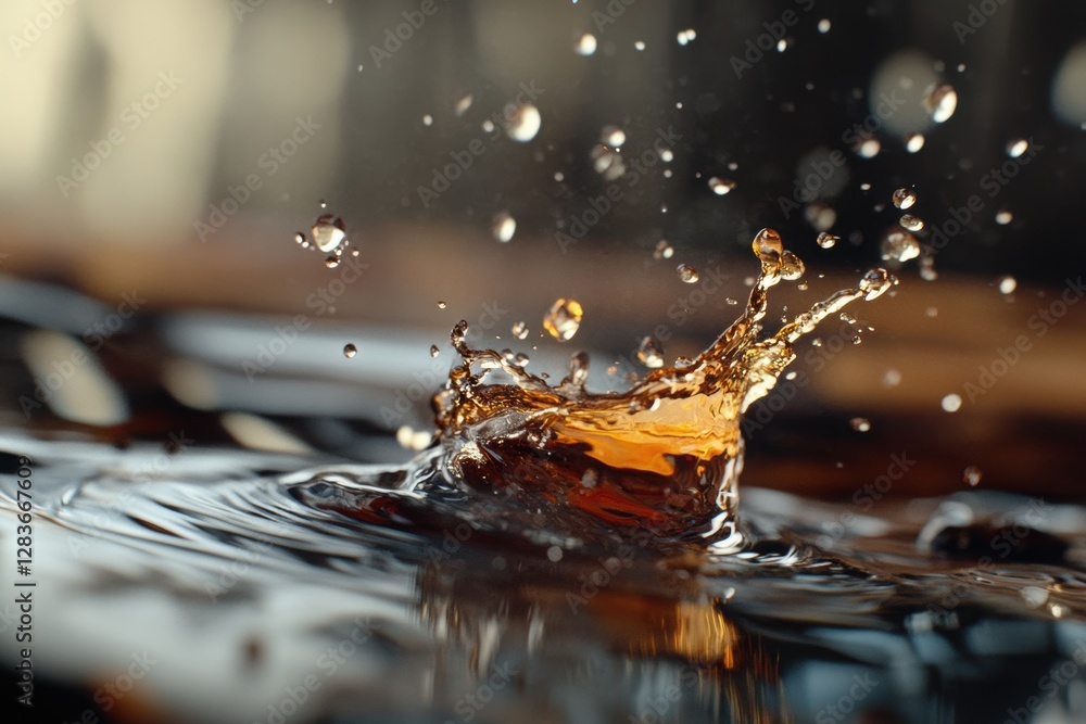 Poster water splashing when a metallic colored object is dropped into the liquid.