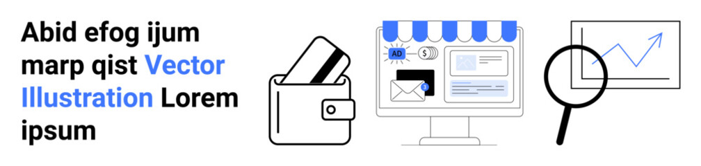 Wallet holding credit cards, online store interface, and magnifying glass analyzing sales graph. Ideal for e-commerce, digital payments, financial analysis, online business, digital marketing