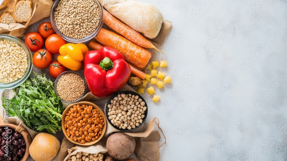 Poster fresh vegetables and grains arranged for a healthy cooking preparation on a light kitchen surface. g