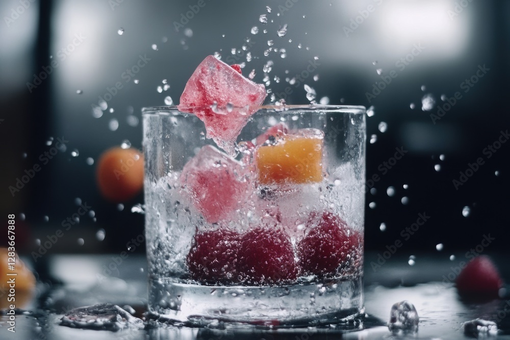 Poster the splash of a piece of fruit ice falling into a glass of sparkling water.