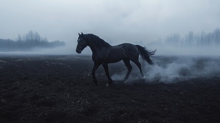 A black horse gallops through a misty landscape, creating an ethereal atmosphere.