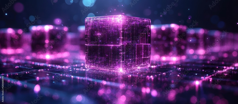Poster abstract representation of advanced technology, with neon cube and bokeh lights