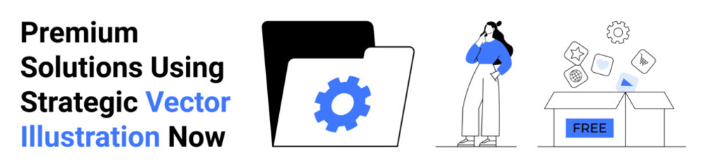 Gear folder emphasizes technology woman symbolizes brainstorming free items in open box suggest accessibility. Ideal for marketing, business, technology, innovation, communication, problem-solving