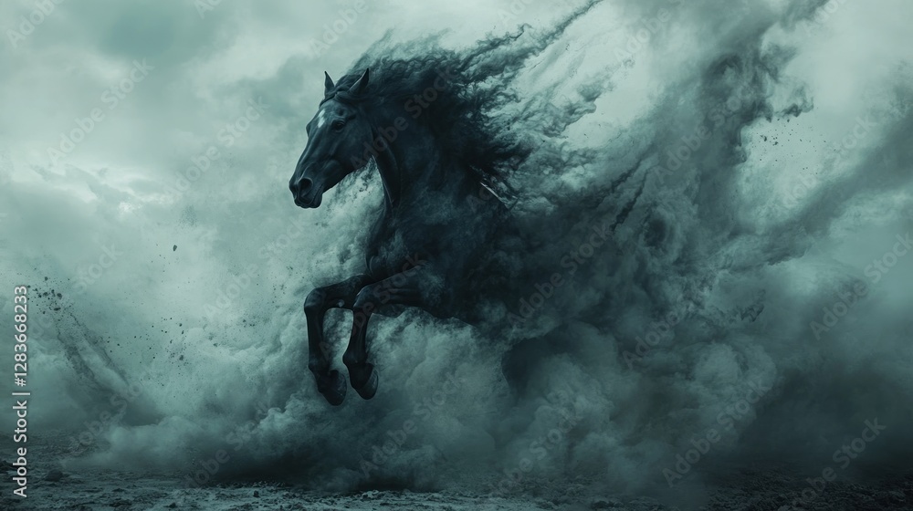 Poster a powerful black horse leaps through a cloud of dust, creating a dramatic and dynamic scene.