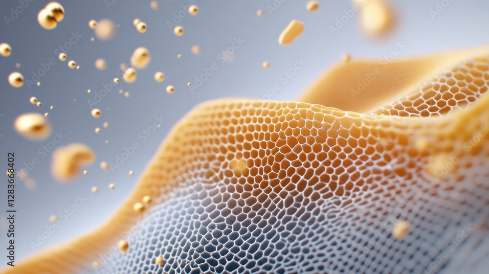 Poster golden honeycomb exhibits a detailed texture with hexagonal cells and floating bubbles creating a vi