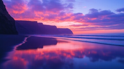 Dramatic pink sunrise reflecting on calm beach, dramatic cliffs