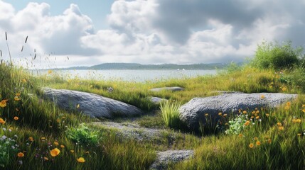 Lush green grass blankets the ground beside a tranquil lake dotted with colorful wildflowers. Distant hills create a picturesque backdrop under a partly cloudy sky inviting peace and reflection