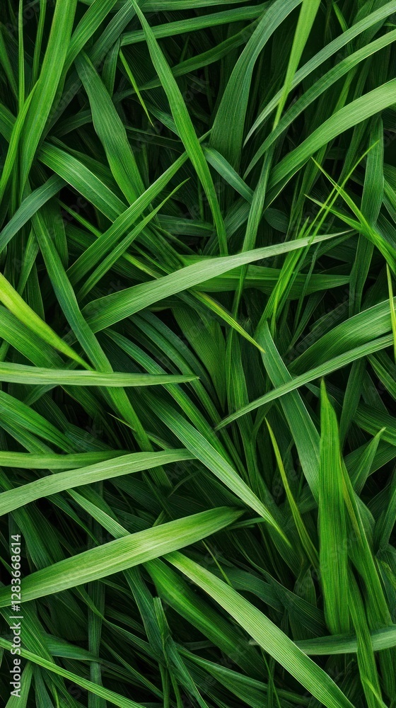 Poster lush green grass showcases a rich texture that fills the frame. the vibrant blades create a serene a