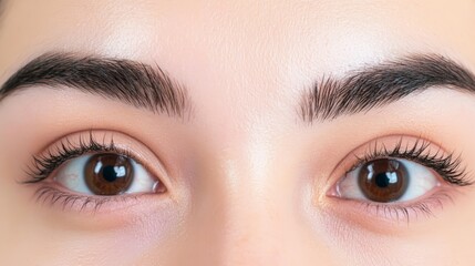 Close up view of stunning female eyes featuring long eyelashes and perfectly shaped eyebrows, reflecting healthy vision and glowing skin after a cosmetic treatment