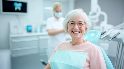 Fototapeta premium A cheerful elderly woman sits in a dental chair, her bright smile showing confidence in her dental care. The dental office is clean and modern, with a dental professional visible i