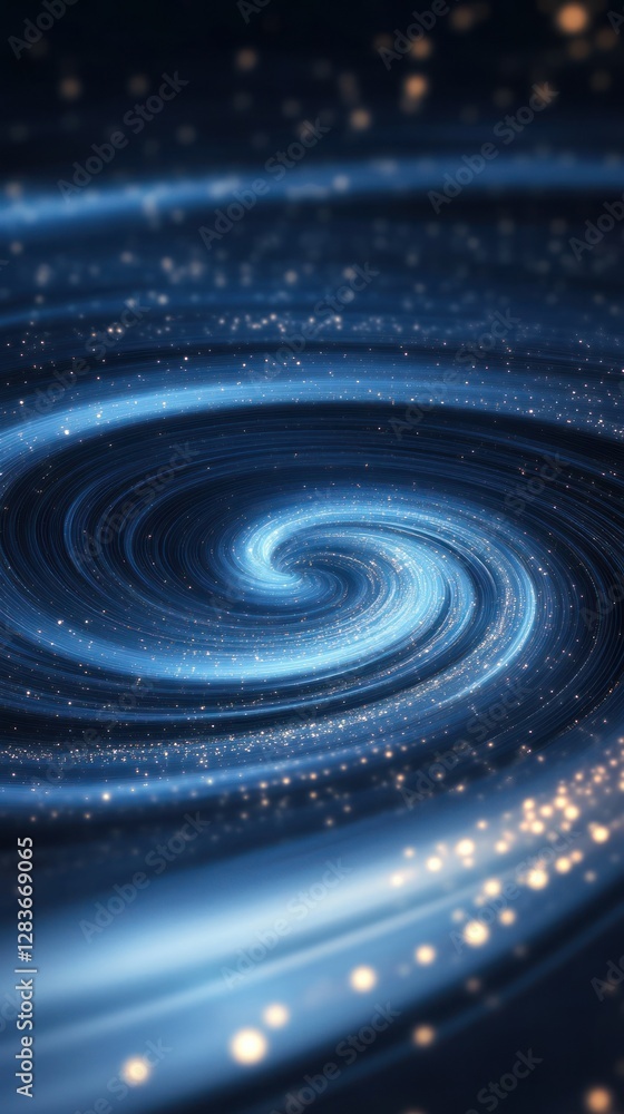 Poster swirling cosmic patterns in deep blue create an abstract texture filled with sparkling elements that