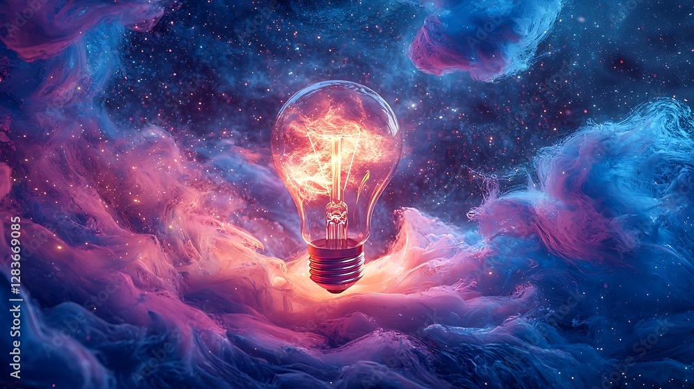 Poster cosmic lightbulb; nebula background; idea concept; inspirational image