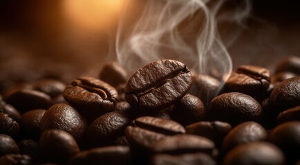 A close-up of coffee beans with steam, evoking warmth and richness.
